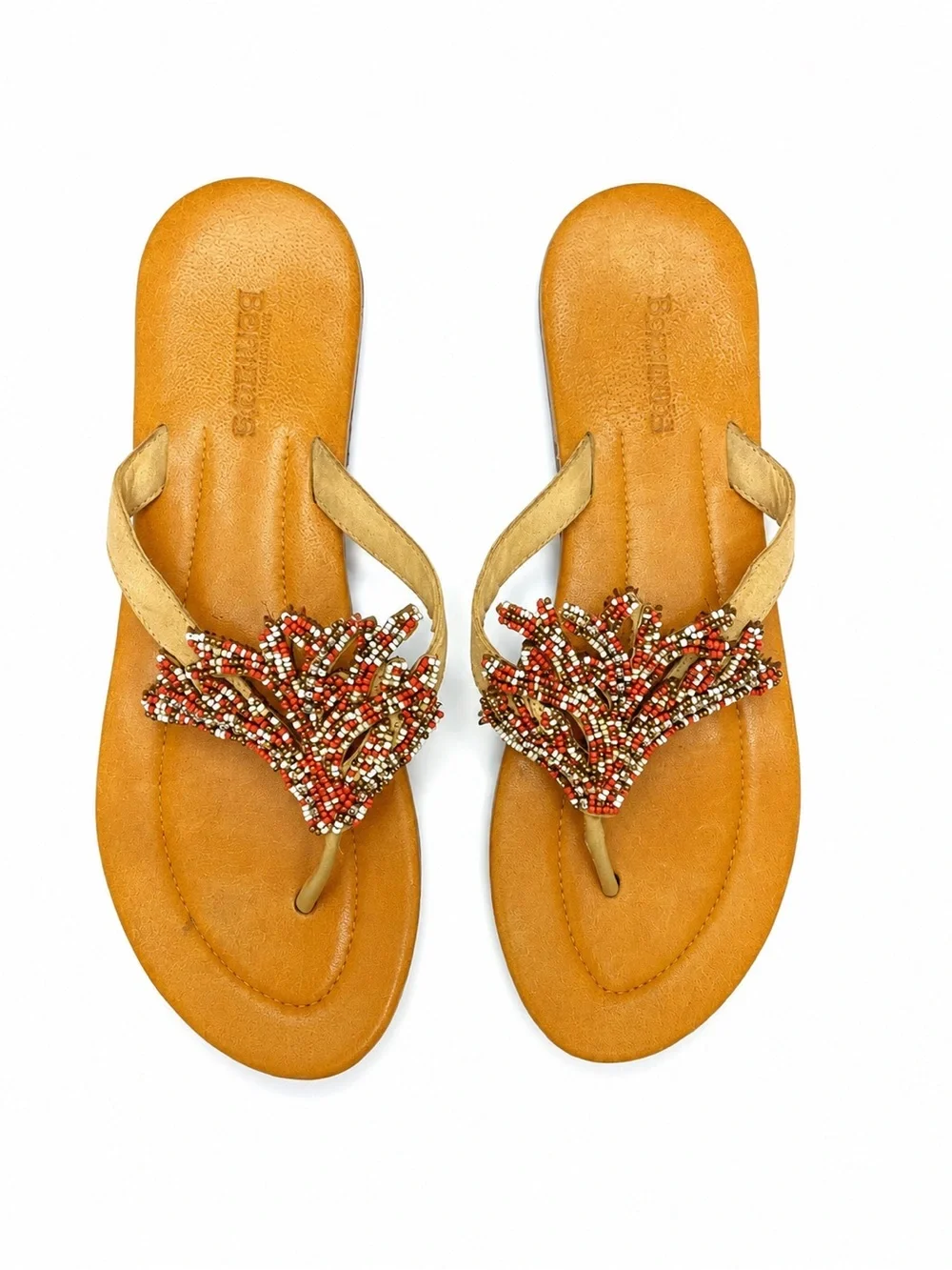 Chico's Tan Beaded T-Strap Sandals with Red & Cream Accents